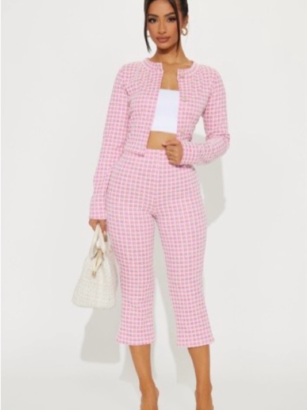 Fashion Nova Pink Checked Cropped Pants & Jacket Set